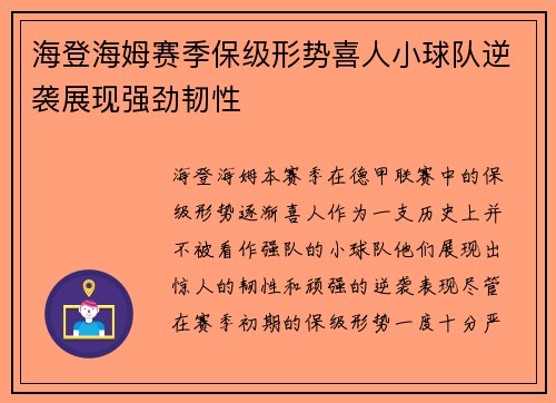 海登海姆赛季保级形势喜人小球队逆袭展现强劲韧性