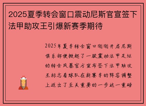 2025夏季转会窗口震动尼斯官宣签下法甲助攻王引爆新赛季期待