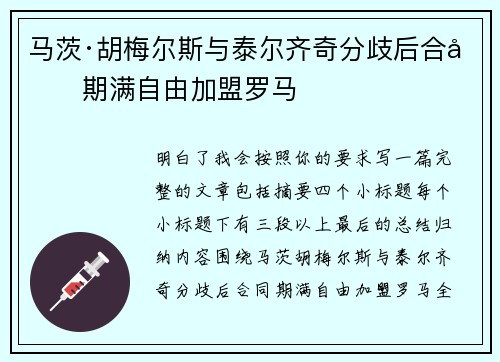马茨·胡梅尔斯与泰尔齐奇分歧后合同期满自由加盟罗马