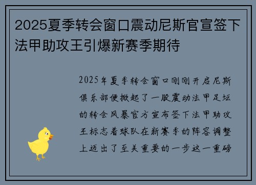 2025夏季转会窗口震动尼斯官宣签下法甲助攻王引爆新赛季期待